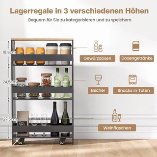 4 Ebenen Nischenregal auf Rollen aus Holz mit Griff Küchenwagen 47,5 x 20 x 80,5 cm Grau + Natur - Grau