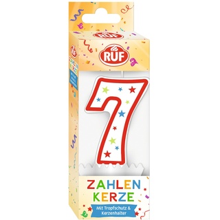 RUF Zahlenkerze Nummer 7, rote Geburtstags-Kerze mit bunten Sternchen, hochwertige Jubiläums-Kerze mit Tropfschutz, ideal als Kuchen Deko, 1 Stück