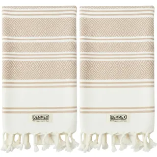 DEMMEX Bio-Türkische Baumwoll-Handtücher im 2er-Set, Schnell Trocknend, Weiches Diamantgewebe, Saugfähig & Vorgewaschen, Oeko-TEX Bad- & Küchentücher 45x90 cm (Beige)