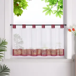 HeichkelL Scheibengardine mit Schlaufen Leinenoptik Gardine Halbtransparent Bistrogardine Landhausstil Kurzstores Rot HxB 45x90cm