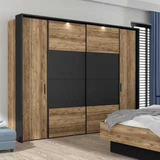 FORTE JABIM Schrank 280, Kleiderschrank mit Passepartout und LED Beleuchtung, Schwebetürenschrank groß Schlafzimmer 4-türig Holzdekor: Alpenfichte/Schwarz, 279 cm breit x 215 cm hoch x 64 cm tief