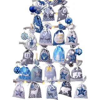 Adventskalender zum Befüllen Stoffbeutel, DIY-Set mit 24 Säckchen - Blau Grau Weihnachtskalender - Blau, Grau