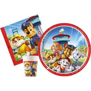Partygeschirr Party-Set Paw Patrol Rescue Heroes für 24 Personen (88 pcs: 24 Pappteller Ø23cm, 24 Becher 200ml, 40 Servietten 33x33cm) aus eco-friendly kompostierbarem FSC Papier