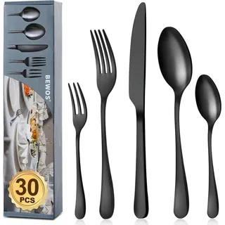 Besteck Set für 6 Personen 30 teilig Schwarz Matt Essbesteck Set inkl Messer Gabel Löffel Edelstahl Spülmaschinenfest