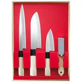 Kochmesser-Set japanischer Art, 3 Messer Und Abziehstein Stahl 420J2 Holzgriff