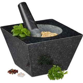 Relaxdays Mörser mit Stößel, Granit, 750 ml, Gewürze & Kräuter, HBT 12 x 19,5 x 19,5cm, Steinmörser, schwarz