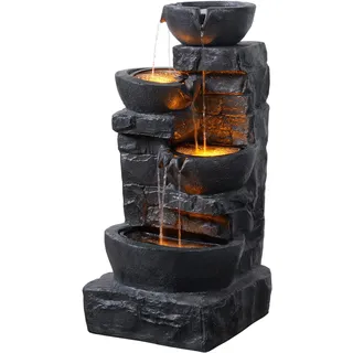 Teamson Home Garten Outdoor Brunnen 4-stufiger Kaskaden-Schalenbrunnen mit warmen LED-Lichtern, Einstellbarer Fluss, dunkelgraues Steinoptik-Finish