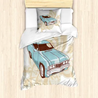 ABAKUHAUS Autos Mantele, Klassische Sportwagen Retro, Milbensicher Allergiker geeignet mit Kissenbezügen, 135 cm x 200 cm - 80 x 80 cm, Blau-Baby-Rosa