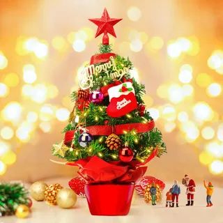 Mini Weihnachtsbaum 60cm Kleiner Weihnachtsbaum mit Beleuchtung LED Tisch Weihnachtsbaum klein künstlich Geschmückt Tannenbaum Christbaum Tree Weihnachten Deko Rot