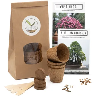 HappySeed Bonsai Starter Kit Anzuchtset inkl. GRATIS eBook - Pflanzset aus Kokostöpfen, Samen & Erde - nachhaltige Geschenkidee für Pflanzenfreunde (Wüstenrose + Berg Mammutbaum)
