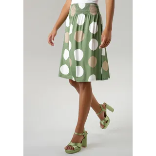 Sommerrock ANISTON SELECTED, Damen, Gr. 34, grün (olivgrün, weiß, hellbraun), Single Jersey, Obermaterial: 95% Viskose, 5% Elasthan, gepunktet, figurumspielend knielang, Röcke Sommerrock, mit gesmoktem Bund und Punkte-Druck