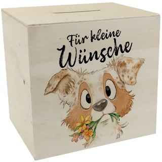 speecheese Spardose aus Holz Hund mit Spruch Für kleine Wünsche | Geburtstagsgeschenk für Hundemensch Niedlicher Welpe Blumen Design Aussies Freund