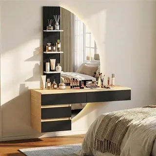 Wand-Schminktisch mit LED-beleuchtetem HD-Spiegel, dimmbarer Helligkeit & großem Stauraum, platzsparender moderner Frisiertisch für Schlafzimmer, Schwarz/Eiche (Schwarz) - Schwarz