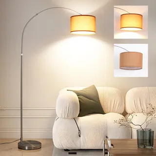 ANTENLICHT LUNA Bogenlampe Vintage | Bogen Stehlampe mit Braunem Stoffschirm 33 cm | Fußschalter & E27 LED 3000K | Stehleuchte Silber für Wohnzimmer, Schlafzimmer, Hotel