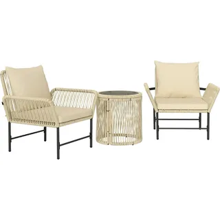 Polyrattan Gartenmöbel Set, Outdoor Lounge Balkonmöbel für 2 Personen, 3-teilig Sitzgruppe mit 2 Stühle, Beistelltisch Sitzkissen, wetterfest Gartenlounge für Garten, Balkon, Khaki+Beige |