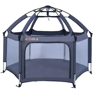 Laufstall Baby Faltbar mit Matratze, CutieClub Laufgitter Baby Pop-up Laufstall, Großer 6 Eckig Playpen mit Anti-UV-Überdachung Reiselaufstall mit Tragetasche für Haus,Garten,Strand Outdoor (Grau)