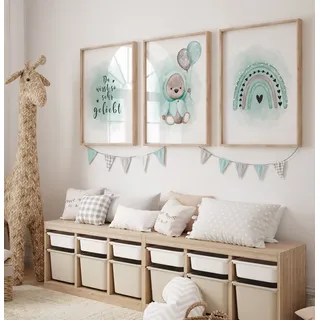 artpin® 3er Set Poster Kinderzimmer Skandinavische Deko - A4 Bilder Babyzimmer grau Deko Junge mint P48