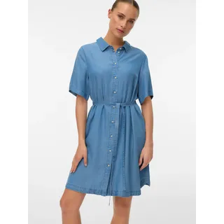 Hemdblusenkleid VERO MODA "VMBREE SS SHORT TENCEL SHIRT DRESS", Damen, Gr. XS, N-Gr, blau (medium blau denim), Web, Obermaterial: 100% Lyocell, unifarben, regular fit kurz, V-Ausschnitt, Kleider Hemdblusenkleid, Viskose, regular fit, Denim Look