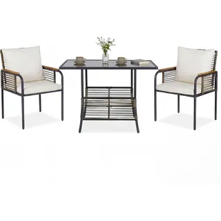 COSTWAY Polyrattan Gartenmöbel Set, 3-teiliges Balkonmöbel-Set mit Kissen, Tisch & 2 Stühlen, Terrassenmöbel, Outdoor Lounge Möbel Weiß - Braun, Weiß