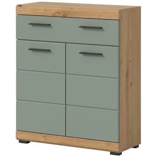 inn.furn Bad Kommode "Shawn" in Salbei und Eiche, Badschrank 2-türig 74 x 88 cm - Grün, Naturbelassen