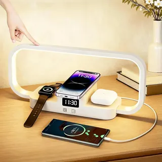 KZT Nachttischlampe mit Ladefunktion 4-in-1 Dimmbare Tischlampe mit Kabellosem Ladegerät & USB-Anschluss Modern Touch Control Nachtlicht für Schlafzimmer Wohnzimmer Büro, Weiße (Adapter Inklusive)