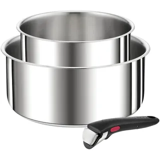 Tefal Ingenio L9739302 Kochtopf-Set, 3-teilig, 16/20 cm + abnehmbarer Griff, stapelbar, Edelstahl, Induktion, Vielseitigkeit, platzsparend, Silber