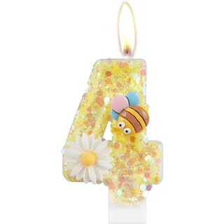 Bessy shop Geburtstagskerzen Zahlen 4,Bienenblumen Zahlenkerze,Geburtstagskerze für Jungen & Mädchen Gelbe Biene & Blume für Geburtstag Kreative Kuchendekoration & Geburtstagsdekoration