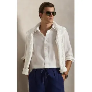 Polo Ralph Lauren für Herren. 710966294506 Maßgeschneidertes Leinenhemd weiß (L), Lässig, Langarm