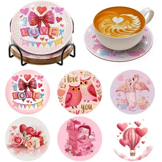 BNG Flamingo Diamond Painting Untersetzer Mit Halter, 6 Stück Rosa Herz DIY Bastel Untersetzer für Erwachsene, Kunstmalerei Sets für Frauen, Anfänger, Diamant Bastelzubehör