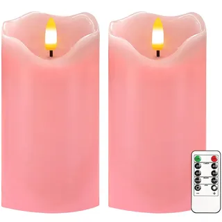 Justup 2 Stück Rosa Flammenlose LED-Kerzen mit Fernbedienung und Timer | Flackernde LED Kerzen, Dimmbare Säulen Kerzen Batteriebetrieben, Kerzen für Valentinstag, Weihnachten, Thanksgiving Dekor