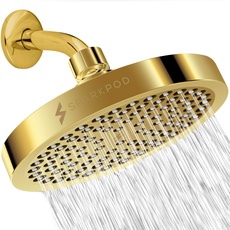 SparkPod Fixed Shower Head - High Pressure Rain - Luxury Modern Look - Easy Tool Free Installation - The Perfect Adjustable Replacement (Gold, 15cm Round)