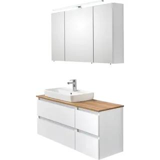 Saphir Badmöbel-Set »Quickset 360 2-teilig, Keramik-Aufsatzbecken mit LED-Spiegelschrank«, (2 St.), Waschtischplatte, 115 cm breit, Weiß Glanz, 3 Türen, 4 Schubladen, weiß