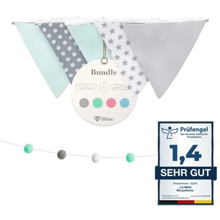 lilime® Wimpelkette Inkl. GRATIS Girlande ideal für Dekoration im Kinderzimmer - Unsere Wanddeko für Dein Kind - Super süße Deko für jedes Babyzimmer (1.9M/Grau-Weiß-Mint)