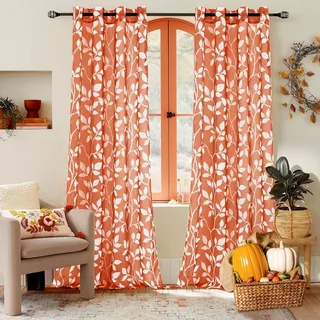 MRTREES Vorhang Orangerote Weißen Blätterdrucken Muster,2er Set 240x140 cm | Ösenvorhang Transparent,Boho Style,für Kurz Fenster,Schlafzimmer,kinderzimmer Mädchen,Küche,Bistro,Tüll Gardine