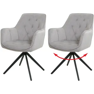 2er-Set Esszimmerstuhl HWC-L80, Küchenstuhl Polsterstuhl Stuhl mit Armlehne, drehbar, Metall Stoff/Textil hellgrau - Grau