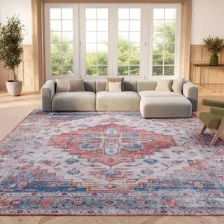 SAFAVIEH Traditionell Teppich für Maschinenwaschbar und rutschfest - Ideal für stark frequentierte Bereiche - Tucson Collection, Kurzer Flor, Blau und Beige, 183 X 274 cm