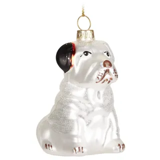 BRUBAKER Englische Bulldogge Weiß mit Weihnachtsmütze - Handbemalte Weihnachtskugel Hund aus Glas - Mundgeblasener Christbaumschmuck Figuren Lustig Deko Anhänger Baumkugel - 7,9 cm
