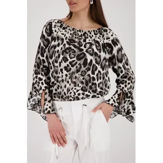 Langarmbluse MONARI "Bluse Leodruck allover", Damen, Gr. 38, schwarz-weiß (braun gem), Web, Obermaterial: 100% Viskose, gemustert, regular fit taillenbedeckt, Rundhals, Trompetenärmel gerader Abschluss, Blusen Langarmbluse, Regular fit mit Leomuster
