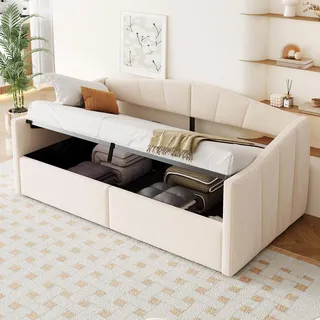 okwish Schlafsofa 90x200 Tagesbett mit Bettkasten,Einzelbett Kinderbett mit klobiger Rückenlehne und Armlehnen,Daybett mit Lattenrost,Beige (mit Matratze) - Beige