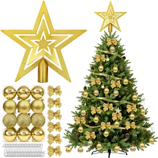 Kunststoff Christbaumkugeln Weihnachtsdeko Set, Christbaumspitze Stern Verzierung, Weihnachtsbaumschmuck mit Hängeschleife,für Familienfeiern Party Dekoration für Weihnachten Feierlichkeiten(Gold)