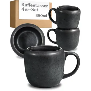 Cosumy 4er Kaffeetassen Set Schwarz – 350 ml Kaffeebecher – Dickwandiges Steingut Geschirr, das Lange Warm Hält – Elegante Kaffeetasse mit Handglasierter Oberfläche - Keramik Tassen Set