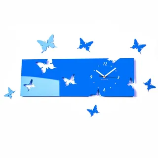 FLEXISTYLE Große Moderne Wanduhr Schmetterling blau Querformat 20 x 60 cm, 3D DIY, Wohnzimmer, Schlafzimmer, Kinderzimmer
