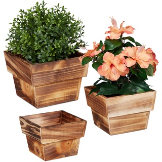 Relaxdays Blumentopf Holz, 3er Set, & Hellbraun