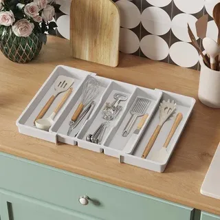 Unyqoos® Ausziehbarer Besteckkasten – Weißer Organizer aus Kunststoff, verstellbare Fächer, bis 57 cm, Tiefe 38 cm für Schubladen - Weiß