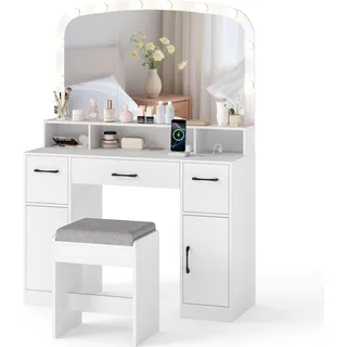 COSTWAY Schminktisch Set Frisiertisch mit Schminkhocker, 3 Lichtfarben LED-Spiegel, Ladestation, 3 Schubladen & 2 Schränke, Kosmetiktisch 108x40x149cm - Weiß