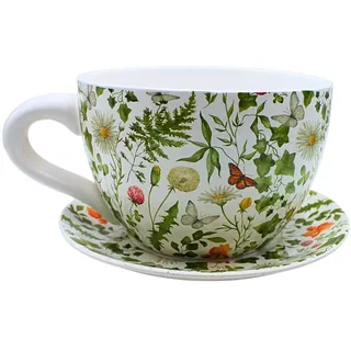 Dekohelden24 XXL Blumentopf, Pflanztasse, Pflanzkübel, Pflanzgefäß, Blumenkübel, Pflanztopf. Übertopf als Tasse mit Griff aus Keramik, Motiv: Magerite, L/B/H 34 x 28 x16 cm.