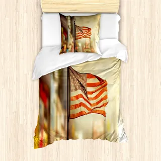 ABAKUHAUS Vereinigte Staaten Mantele, American Independence, Milbensicher Allergiker geeignet mit Kissenbezügen, 135 cm x 200 cm - 80 x 80 cm, Sepia Rot Blau