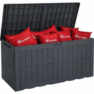 YITAHOME 450L Auflagenbox Wasserdicht, Große Gartenbox mit Schloss & Gasdruckfeder, Kissenbox mit Sitzfunktion bis 200 kg, Wetterfeste Resin Gartentruhe, UV-beständig & Belüftet, Dunkelgrau
