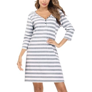 Doaraha Nachthemd Damen Kurz Schlafshirt Baumwolle 3/4 Arm Streifen Nachtkleid V-Ausschnitt Sexy Sleepshirt Gestreift (Grau, M)