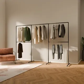 pamo Kleiderständer Schwarz – Industrial Design Kleiderstange freistehend 290 x 194 cm – Offener Kleiderschrank & Garderobenständer Metall für Schlafzimmer, Flur & Ankleidezimmer